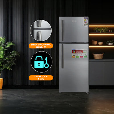 Geepas GRF2209SXE Double Door Defrost Refrigerator | Instant Cooling| Low Noise Operation| Adjustable Temperature Control|  Lock & Key| Silver Finish for Modern Kitchens