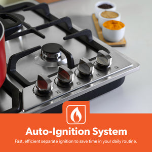 Geepas GGC31051FFD Built-in Stainless Steel Gas Hob | 4 High-Performance Burners | Auto Ignition System | Flame Failure Safety  | Durable Design | 2 Years Warranty
