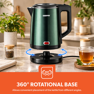 Geepas GK38037 1.8L Double Layer Electric Kettle | 1500W Fast Heating | Boil-Dry Protection & Auto Shut-Off | 360° Rotational Base | Power Indicator Light | Durable