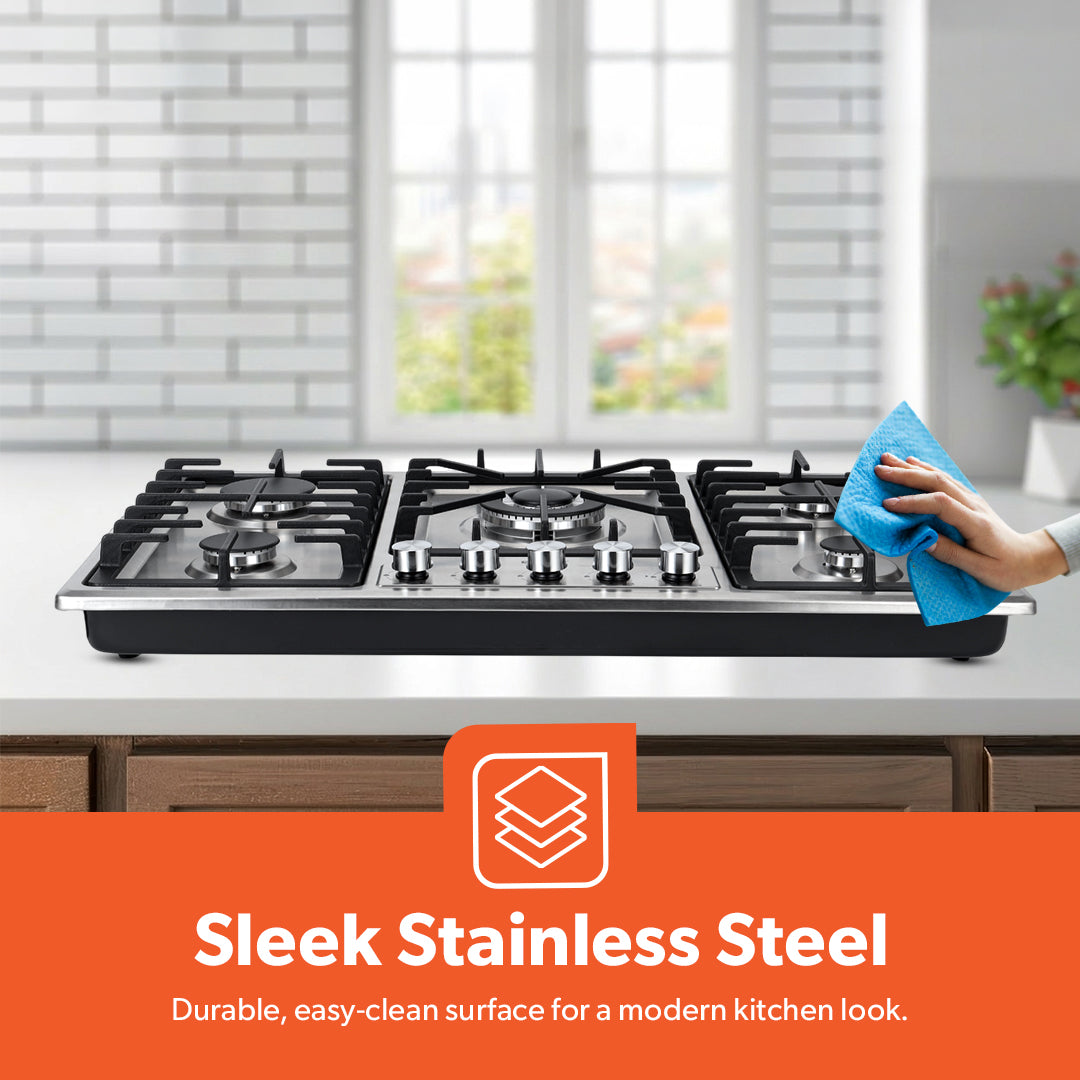 Geepas GGC31043 Built-in Gas Hob | 5 Burner Stainless Steel Hob with Auto Ignition| Flame Safety Device| High Efficiency Burners| Easy Cleaning Design & 2 Years Warranty