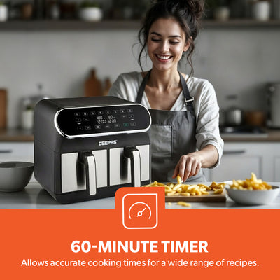 Geepas GAF37535UK Digital Air Fryer | 8L Dual Basket with LED Display |  Touch Control Panel |   60 Minute Timer |  Healthy Oil and  Fat Free Cooking Technology