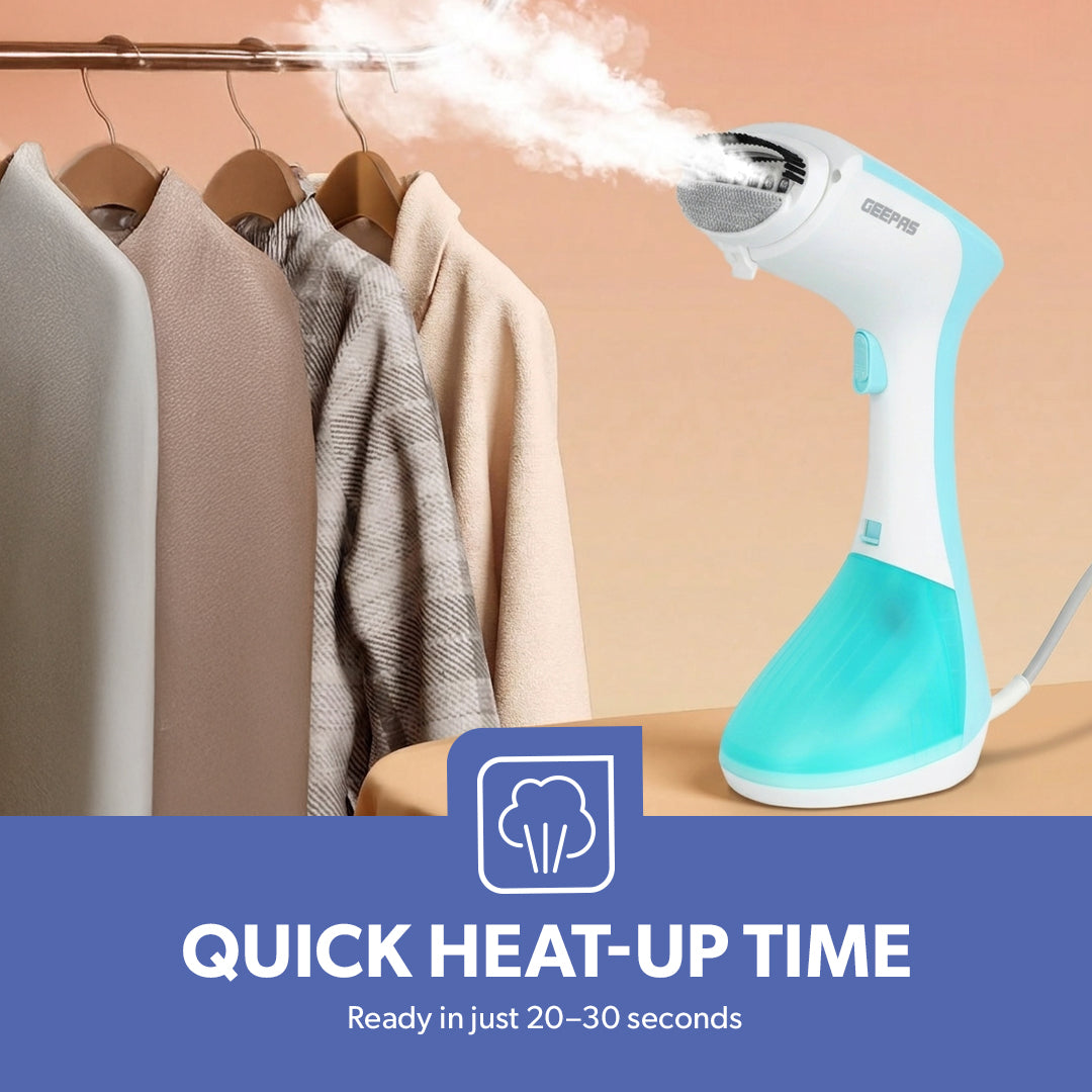 Geepas GGS25043-GN Handheld Garment Steamer | 1300W with Fast Heat-Up| Continuous Steam 25g/min| 260ml Detachable Tank| Vertical Ironing| Compact Design & 2 Year Warranty