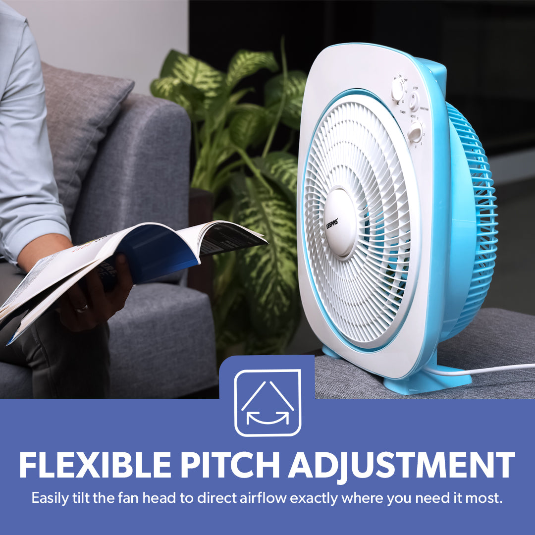 Geepas GF926 12 Inch Box Fan | 60-Min Timer | 3 Speed Control | Powerful Motor | Compact Portable Design | Energy Efficient Cooling Fan for Home, Office & Indoor Use