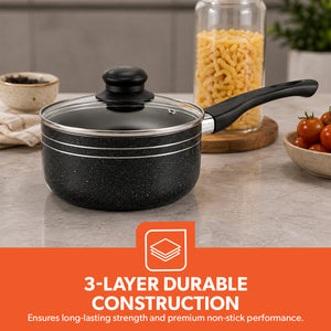 Royalford  RF11759 9 PCS Non-Stick Cookware Set | PFOA-Free Granite Coating| Strong Aluminium Body| Fast-Heating CD Bottom| Tempered Glass Lids & Essential Kitchen Tools