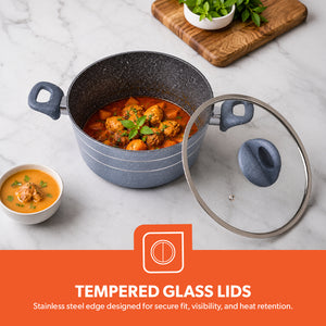 Royalford RF9555 Smart Granite 9 PCS Forged Aluminium Cookware Set with Lids | Durable Design | Marble Coated Interior | 3.8mm Induction Base | Soft Touch Handles