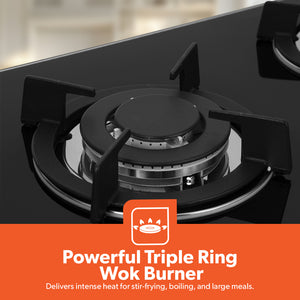 Geepas Glass Gas Hob GGC31011 | 5 Burner Gas Stove with Auto Ignition| Toughened Glass Surface| Cast Iron Pan Support & Powerful Triple Ring Wok Burner| 2 Years Warranty