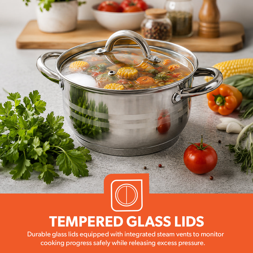 Royalford RF10390 10-Piece Stainless Steel Cookware Set with Glass Lids| Induction Compatible Encapsulated Base| Heavy-Duty Riveted Handles & Durable Satin Finish Design