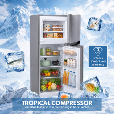 Geepas GRF2400SXE 240L Double Door Defrost Refrigerator | 205L Net Capacity | tropical compressor | Adjustable thermostat |3 durable tempered glass shelves |interior lamp