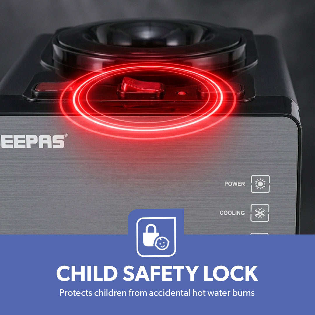 Geepas GWD17044 Tabletop Water Dispenser|Hot, Cold & Normal Water |3-Tap Design| Child Safety Lock|SUS304 Stainless Steel Tank & Dry Heating Protection for Home & Office