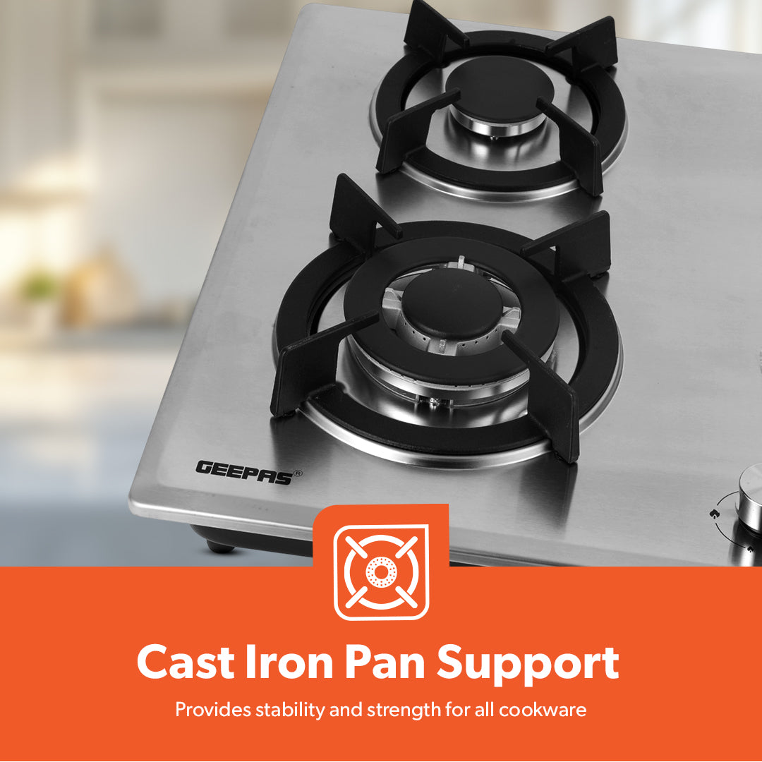 Geepas Built-In Gas Hob GGC31026 | 4 Burner Stainless Steel Gas Stove with Auto Ignition| Durable Cast Iron Pan Support | Easy-to-Clean Design & 2 Years Warranty