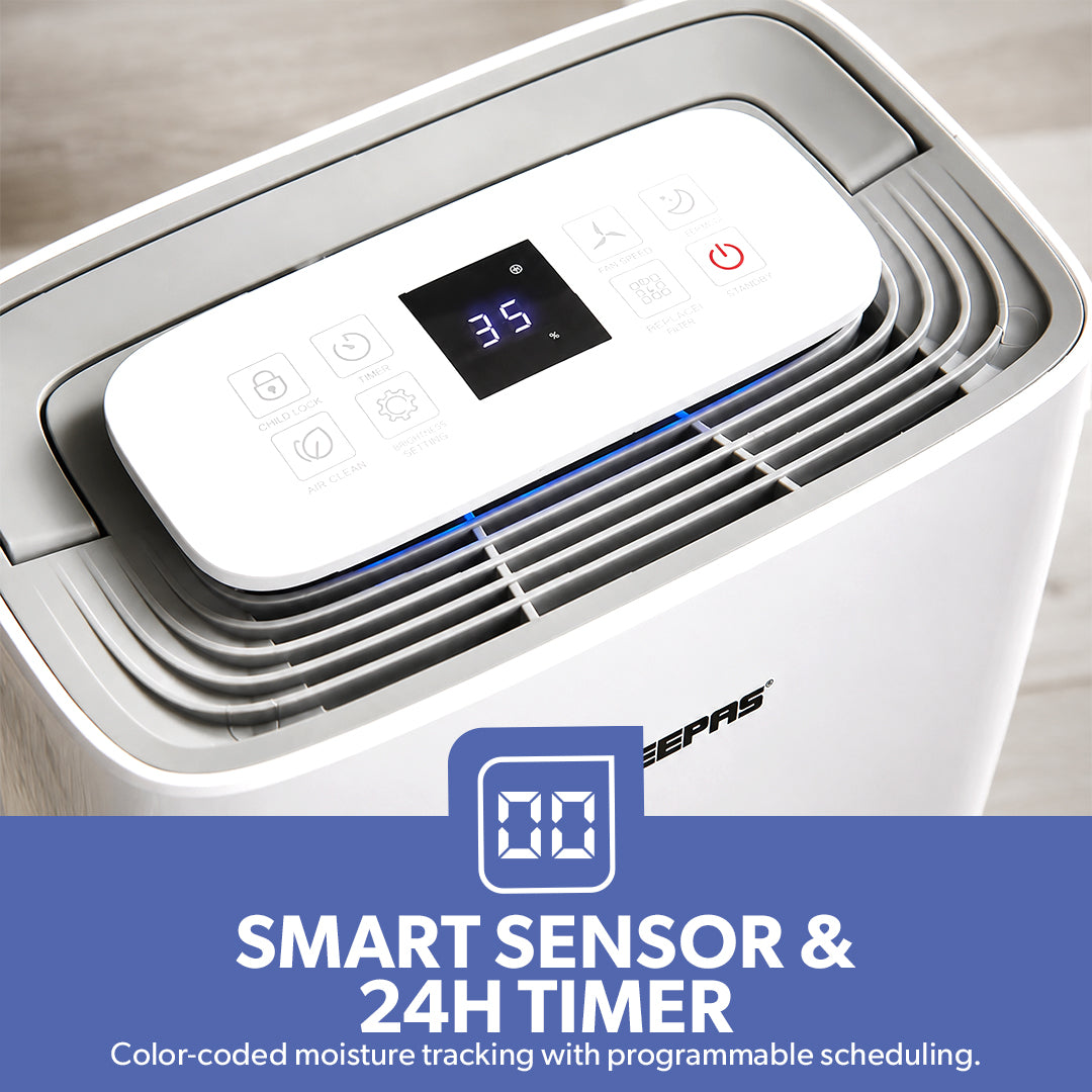 Geepas GDH21218UK 20L Dehumidifier with Touch Control Panel | Child Lock Safety | Humidity Indicator Light | Portable Moisture Control Unit for Home, Office & Basement