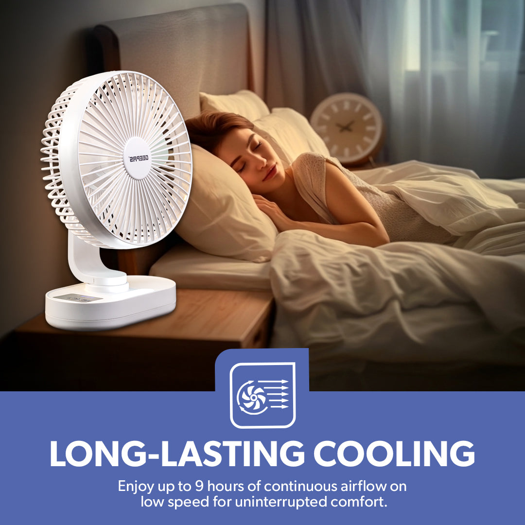 Geepas GF21157 8-Inch Rechargeable Fan with LED Night Light |Features 3-speed control |9-hour runtime |lithium battery |3 Blade Fan with Adjustable Head| portable design