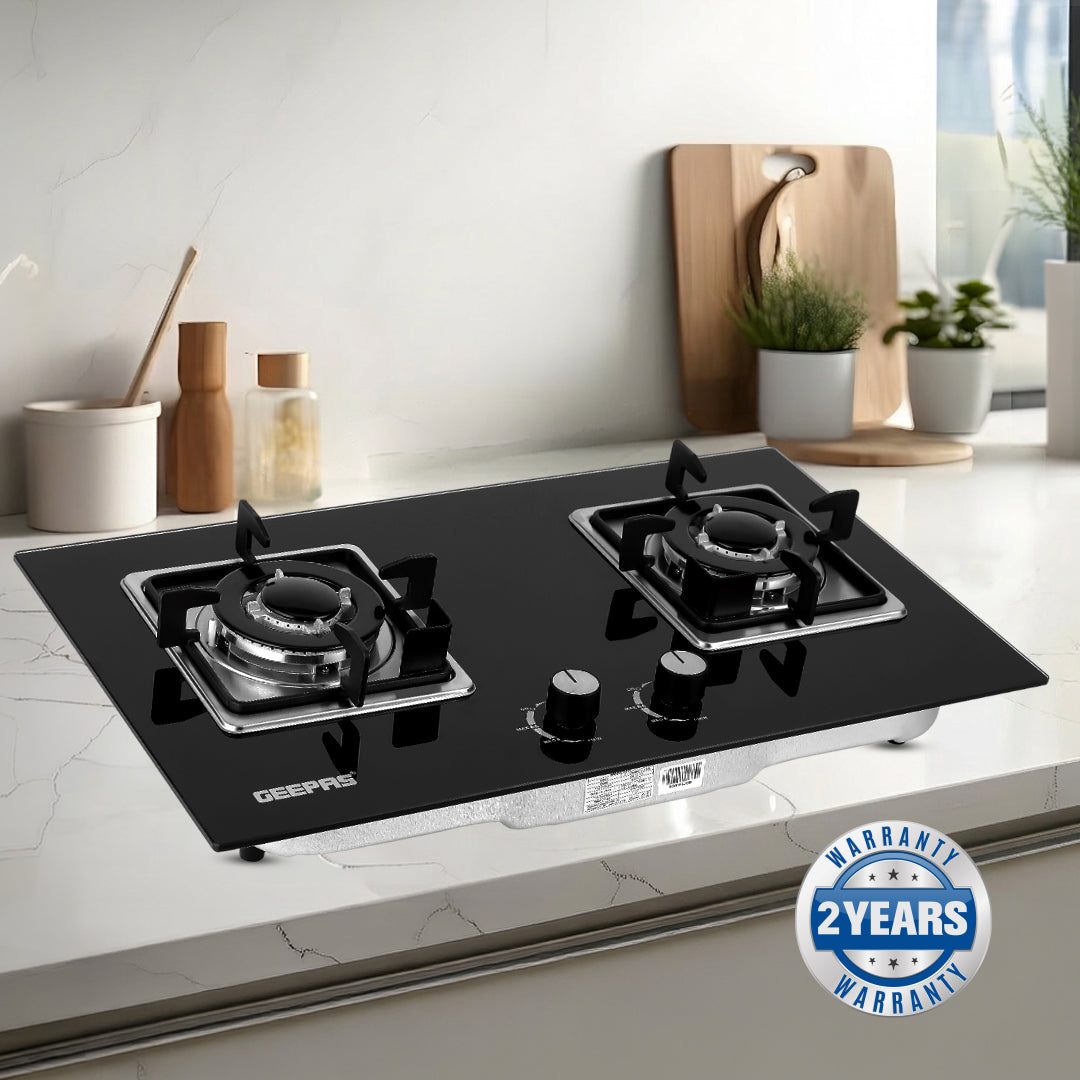 Geepas GGC31018 2-In-1 Built-In Gas Hob |  Premium Tempered Glass Panel |  Sabaf Burners |  Automatic Ignition System & Low Gas Consumption for Modern Kitchens