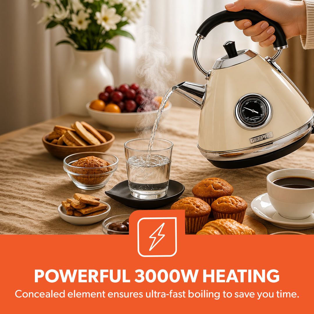 Geepas GK38073UK-CR Stainless Steel Cordless Kettle, 3000W Fast Boil Electric Jug, 1.7L Capacity, Strix Controller, Auto Shut-Off, Boil Dry Protection, 360° Base