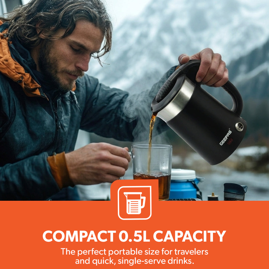 2-in-1 Double Layer Traveller's Kettle, 0.5L Kettle, GK38055 | 12V Portable Electric Car Kettle | Stainless Steel Coffee Mug with Cigarette Lighter Charger
