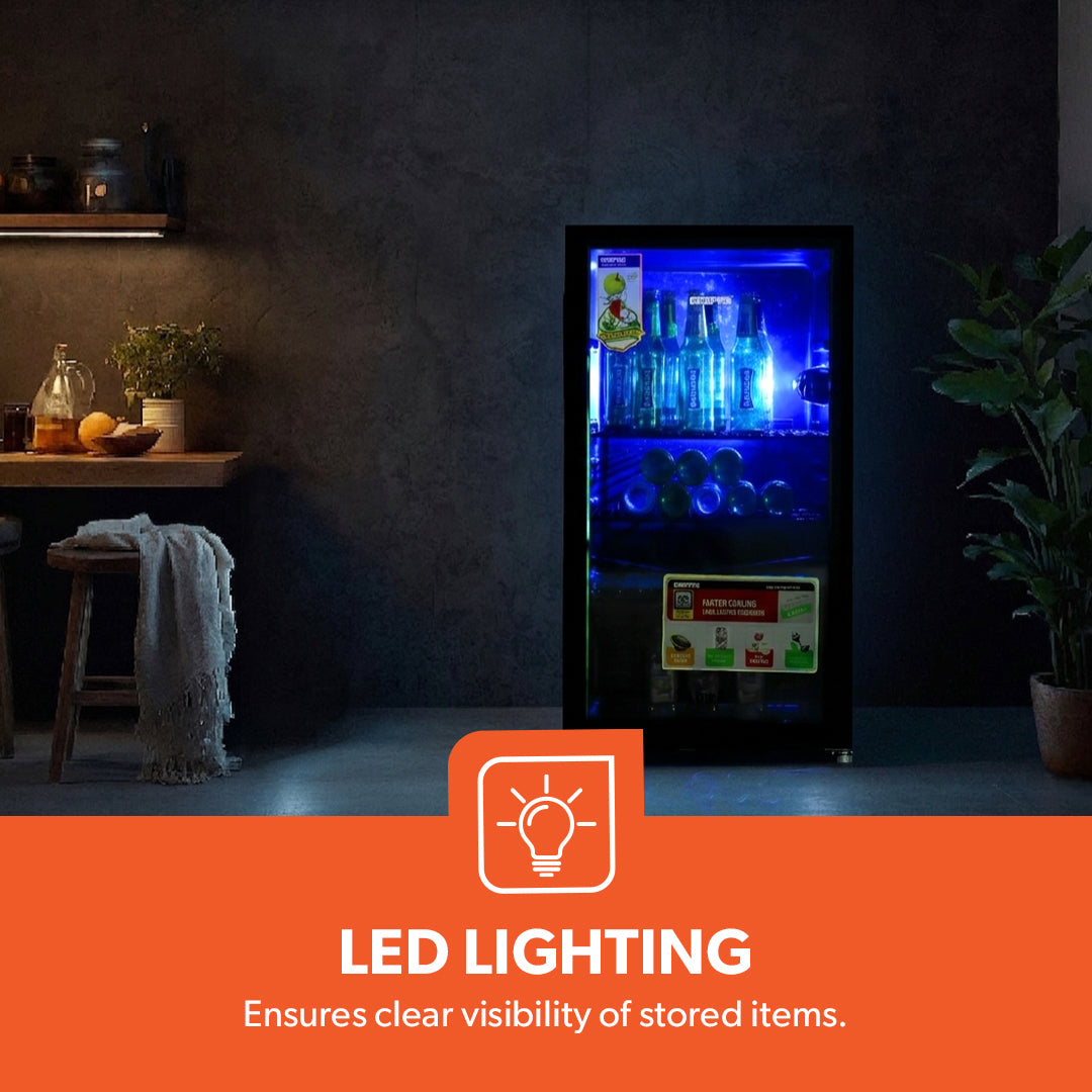 Geepas GSC1223  Showcase Chiller | Single Door Display Fridge | Low Noise, Quick Cooling | LED Light | Black Finish | Energy Efficient Beverage Cooler | 1 Year Warranty