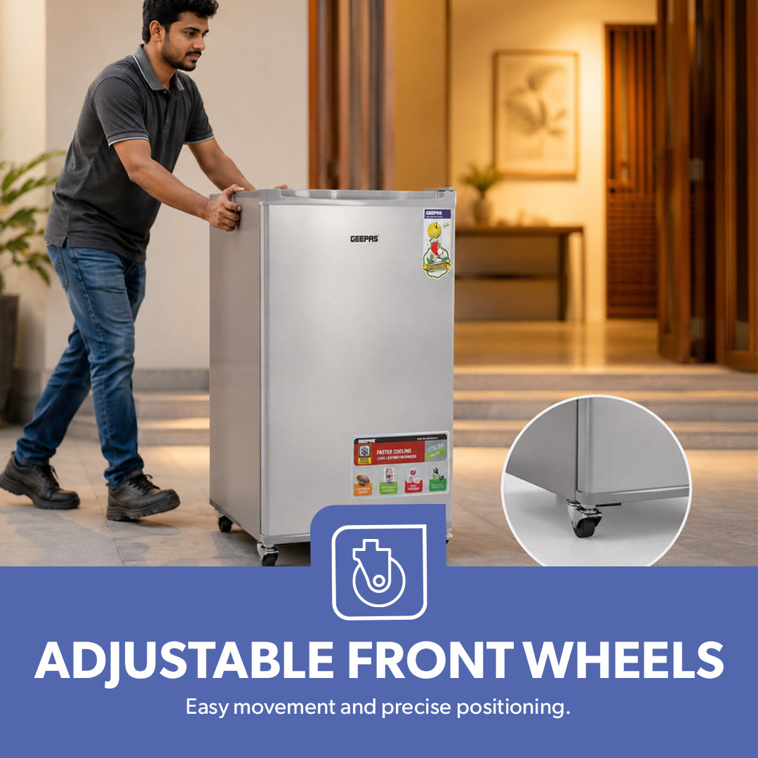 Geepas GRF119SPE 110L Single Door Defrost Refrigerator |92L Net Capacity |Quick Cooling technology |single door design | Mechanical temperature control |R600a refrigerant