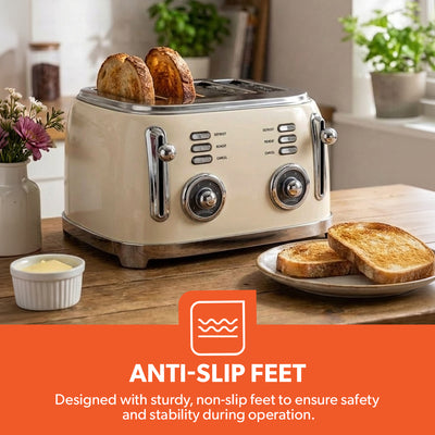 Geepas 4 Slice Toaster GBT36564UK-CR | 1500W Powerful Toaster with 6 Adjustable Browning Levels, Defrost, Reheat & Cancel Functions, Removable Crumb Tray, Cord Storage
