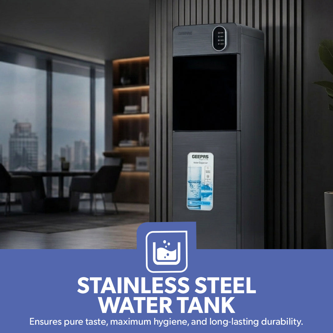 Geepas GWD17037 Bottom Loading Water Dispenser | Hot, Cold & Normal Water Options| Stainless Steel Water Tank| Fast Cooling Compressor System | 3 Tap Convenient Design
