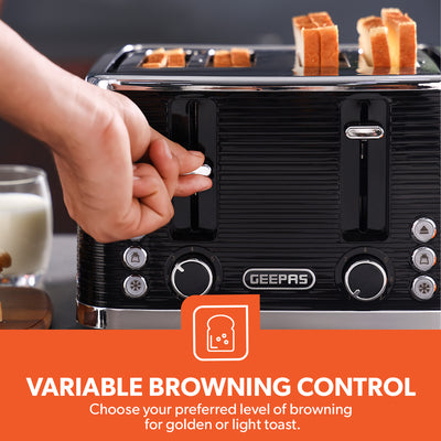 Geepas GBT36537 4-Slice Bread Toaster | 1350- 1600W Power  | Variable Browning Control | Dual Control Panels | Cancel, Defrost & Reheat Functions |  2 Years Warranty