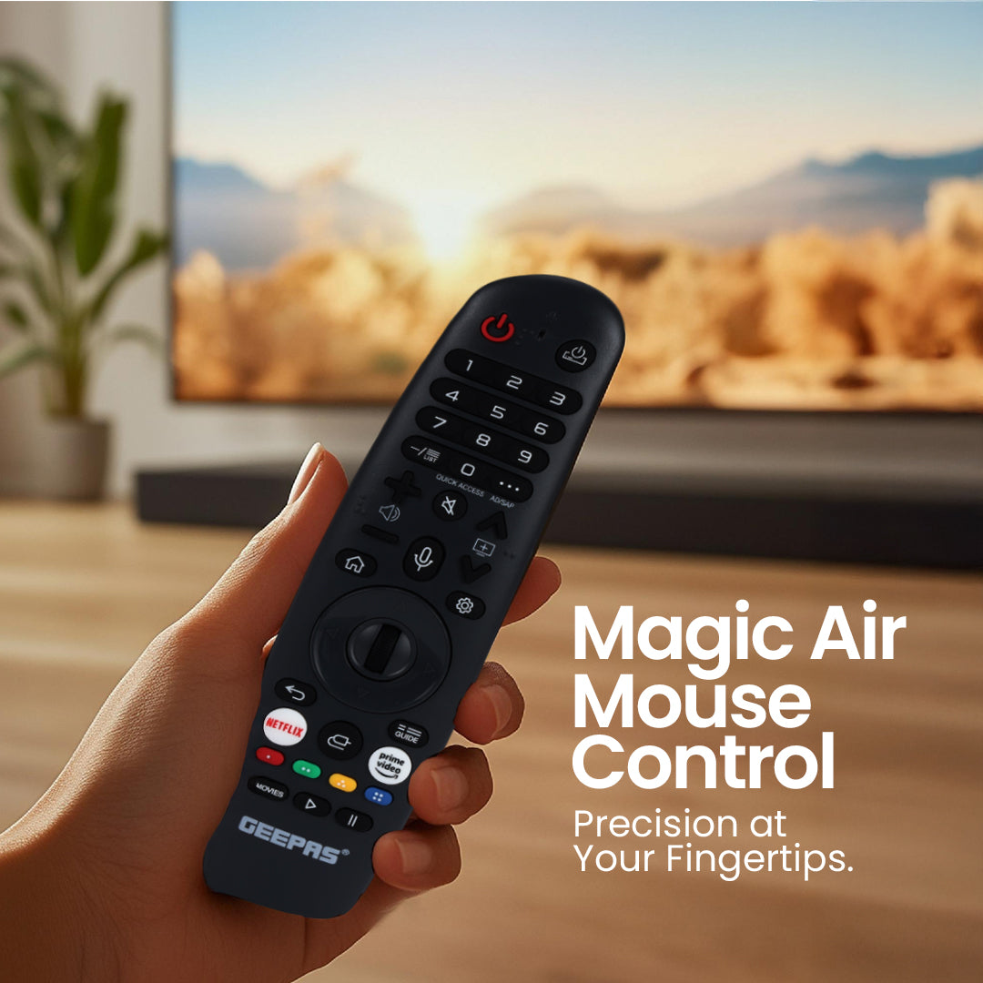 Geepas GLED7580SWUHD 75” 4K Ultra HD LED Smart TV |  WebOS Hub | Apple AirPlay | Frameless Design | MEMC Technology | 3 HDMI, 2 USB, Magic Air Mouse & Smart Apps
