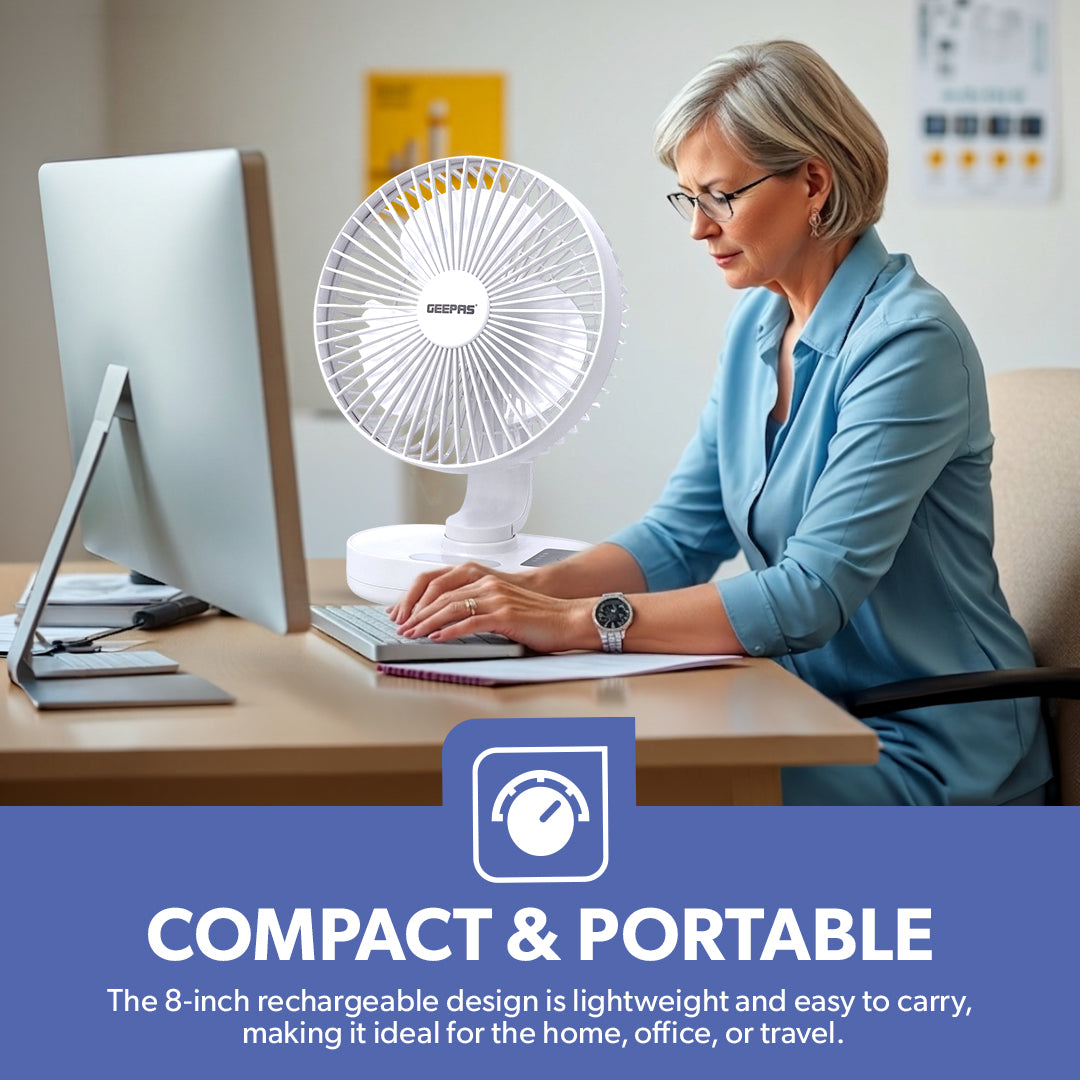Geepas GF21157 8-Inch Rechargeable Fan with LED Night Light |Features 3-speed control |9-hour runtime |lithium battery |3 Blade Fan with Adjustable Head| portable design