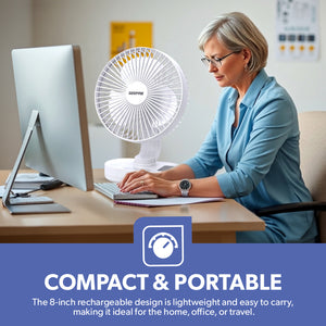 Geepas GF21157 8-Inch Rechargeable Fan with LED Night Light |Features 3-speed control |9-hour runtime |lithium battery |3 Blade Fan with Adjustable Head| portable design
