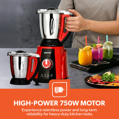 Geepas 3-in-1 Mixer Grinder GSB44040 | 750W Copper Motor, 3 Speed + Pulse Function | 1.5L Blending Jar |  1.5L Grinder Jar & 0.5L Chutney Jar | Wet & Dry Grinding