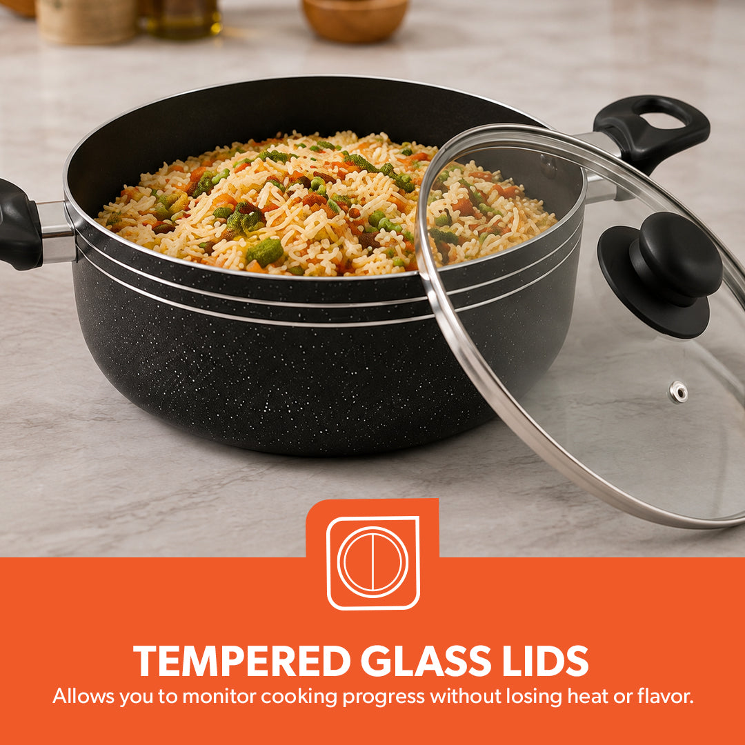 Royalford  RF11759 9 PCS Non-Stick Cookware Set | PFOA-Free Granite Coating| Strong Aluminium Body| Fast-Heating CD Bottom| Tempered Glass Lids & Essential Kitchen Tools