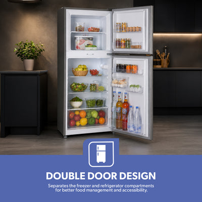 Geepas GRF2209SXE 200L Double Door Defrost Refrigerator | Instant Cooling |138L Net Capacity | Adjustable temperature control | tempered glass shelves | R600a refrigerant