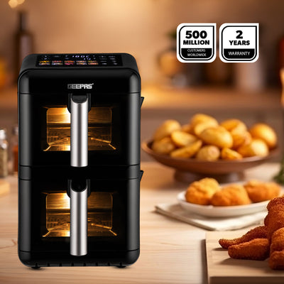 Geepas GAF37548 2800W Dual Basket Digital Air Fryer | 12L Capacity | Dual 6L Baskets| Vortex Rapid Air Technology | 10 Preset Cooking Modes |  Touch Control Panel