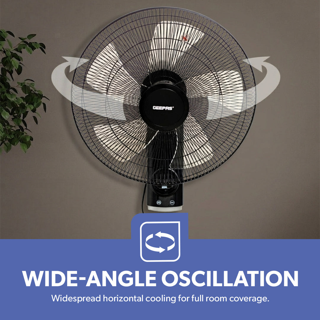 Geepas 18 Inch Wall Fan with Remote Control GF21125 | Powerful Copper Motor| 3 Speed Settings| 5 AS Blades| Oscillation| 7.5h Timer| Self-Protection| 2 Years Warranty