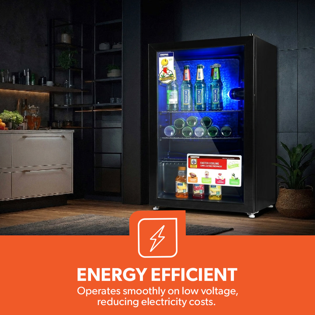 Geepas GSC1223  Showcase Chiller | Single Door Display Fridge | Low Noise, Quick Cooling | LED Light | Black Finish | Energy Efficient Beverage Cooler | 1 Year Warranty