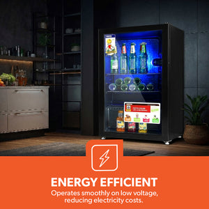 Geepas GSC1223  Showcase Chiller | Single Door Display Fridge | Low Noise, Quick Cooling | LED Light | Black Finish | Energy Efficient Beverage Cooler | 1 Year Warranty