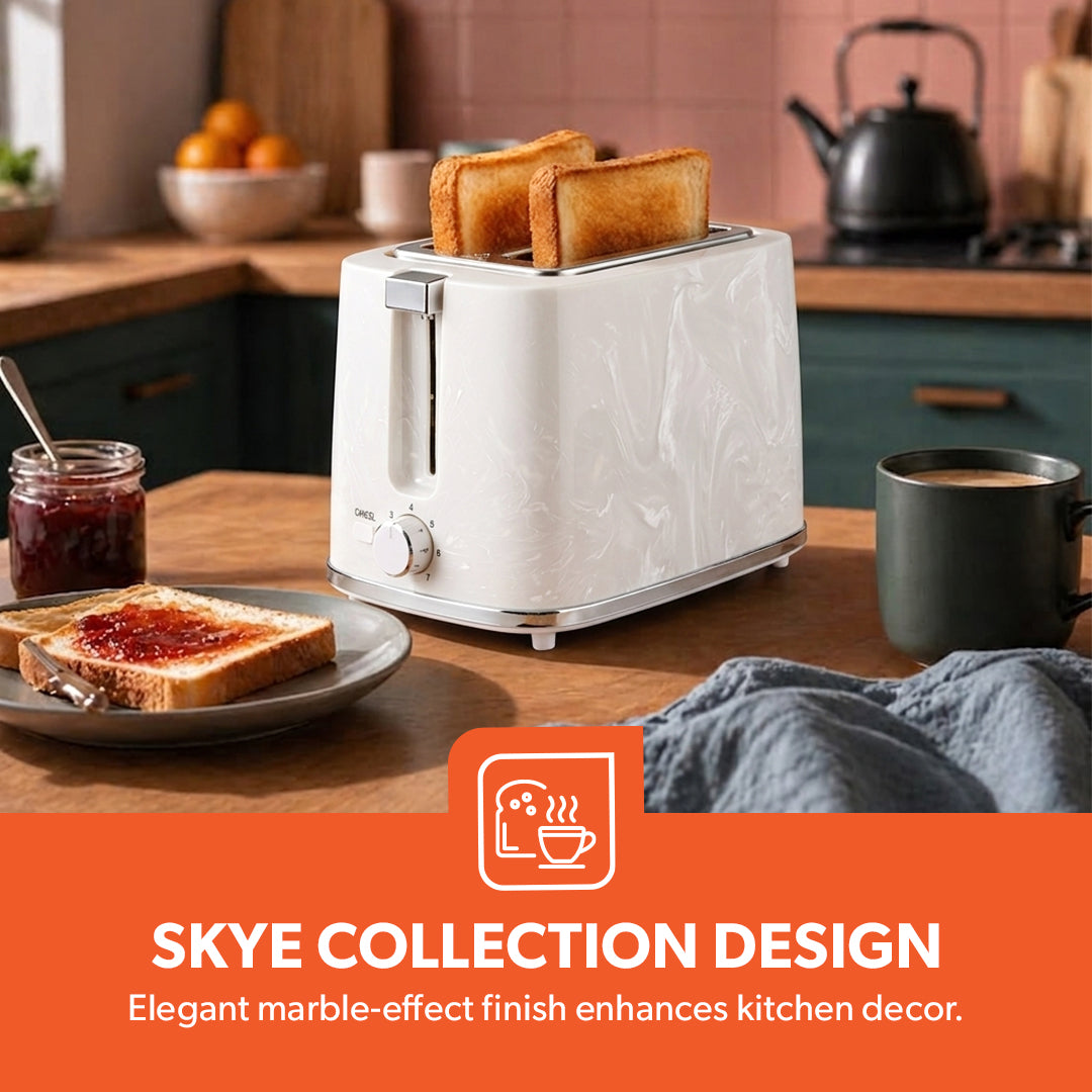 Geepas GBT36555UK-WT Skye Collection 2 Slice Toaster with 7 Browning Settings | Removable Crumb Tray | Cord Storage |Cancel Function & Marble Effect Finish for Kitchens