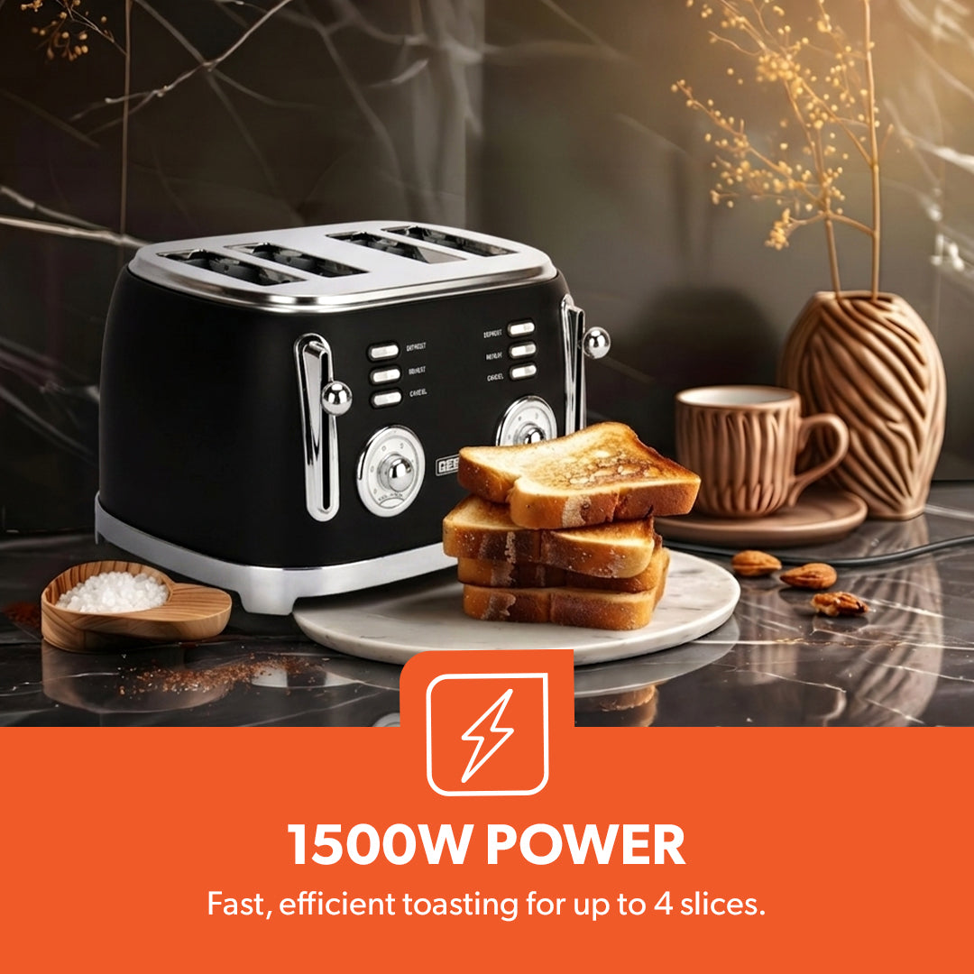 Geepas GBT36564UK-BK 4 Slice Toaster | Powerful 1500W Metal Body | 6 Browning Levels | Removable Crumb Tray | Defrost, Reheat & Cancel Functions with Cord Storage
