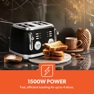 Geepas GBT36564UK-BK 4 Slice Toaster | Powerful 1500W Metal Body | 6 Browning Levels | Removable Crumb Tray | Defrost, Reheat & Cancel Functions with Cord Storage