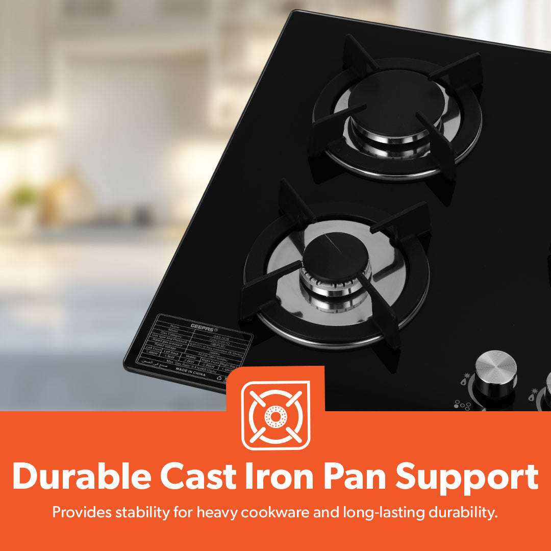 Geepas Glass Gas Hob GGC31011 | 5 Burner Gas Stove with Auto Ignition| Toughened Glass Surface| Cast Iron Pan Support & Powerful Triple Ring Wok Burner| 2 Years Warranty