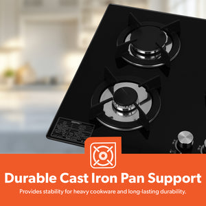 Geepas Glass Gas Hob GGC31011 | 5 Burner Gas Stove with Auto Ignition| Toughened Glass Surface| Cast Iron Pan Support & Powerful Triple Ring Wok Burner| 2 Years Warranty