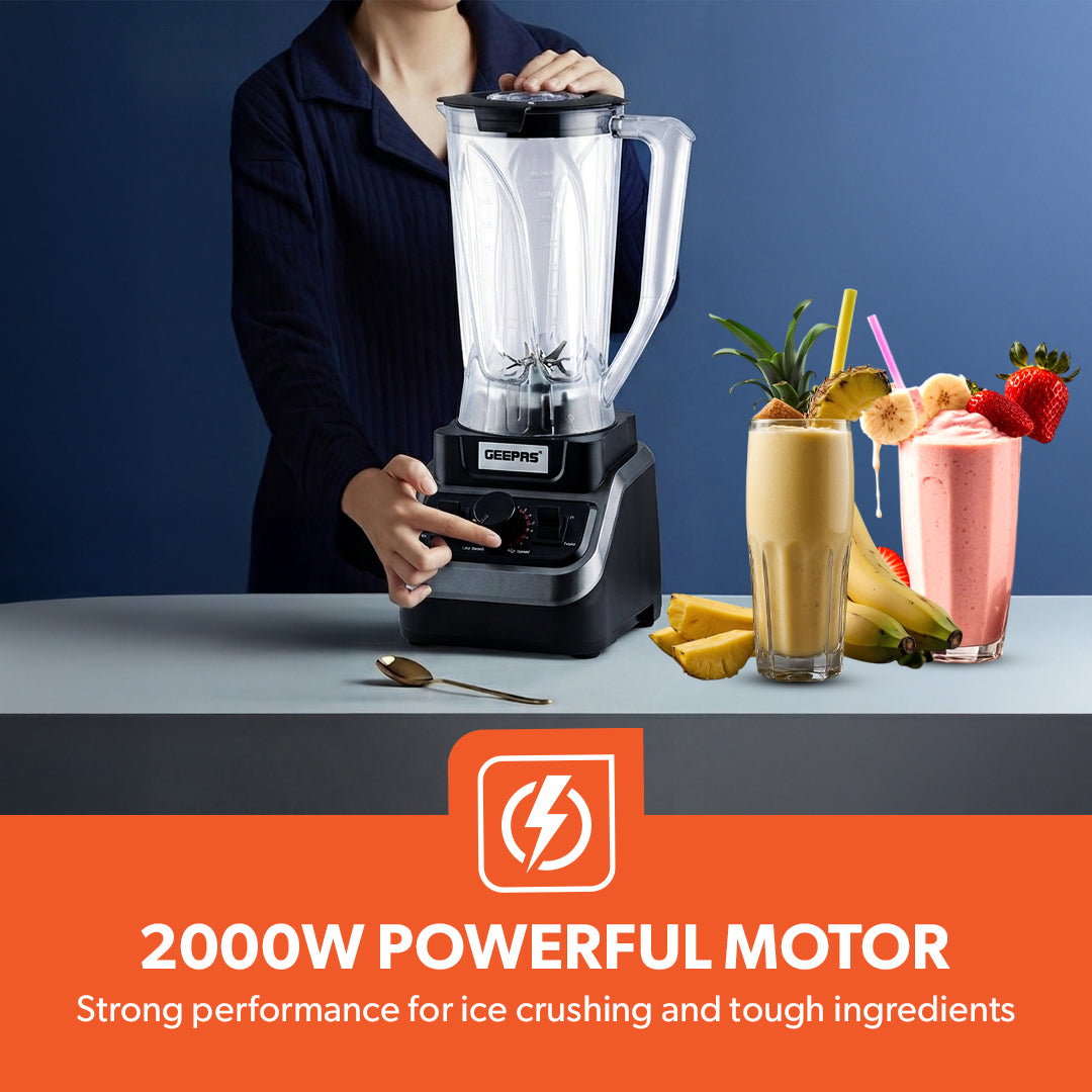 Geepas GSB44037 2000W High-Power Blender | 2L Unbreakable Jar| 16 Speed Control with Pulse| Stainless Steel Blade for Smoothies, Ice Crushing & Daily Food Preparation