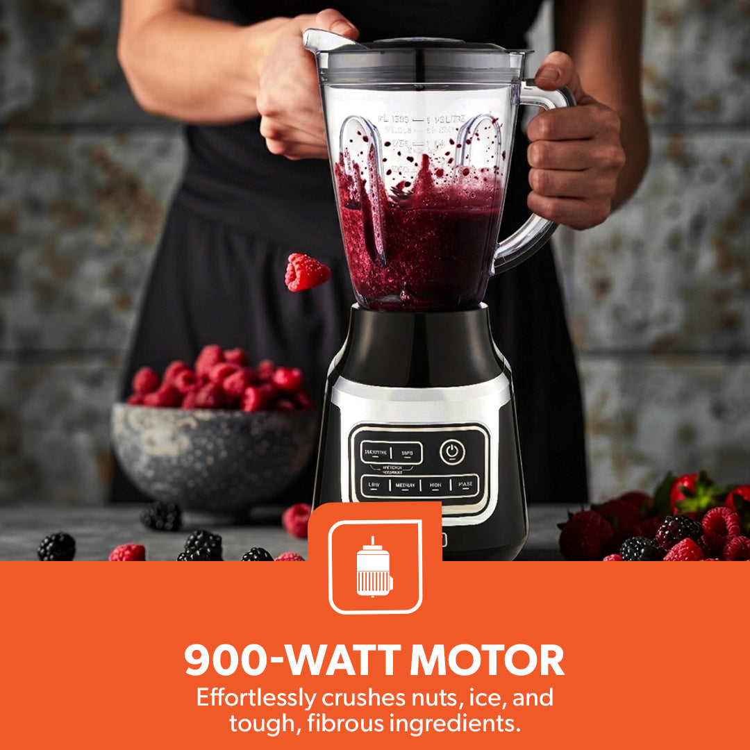 Geepas GSB44115UK Professional Blender 900W with 1.5L Capacity Jar |  Stainless Steel Blades |  Electronic Program Control |  Smoothie Function & Variable Speed Control