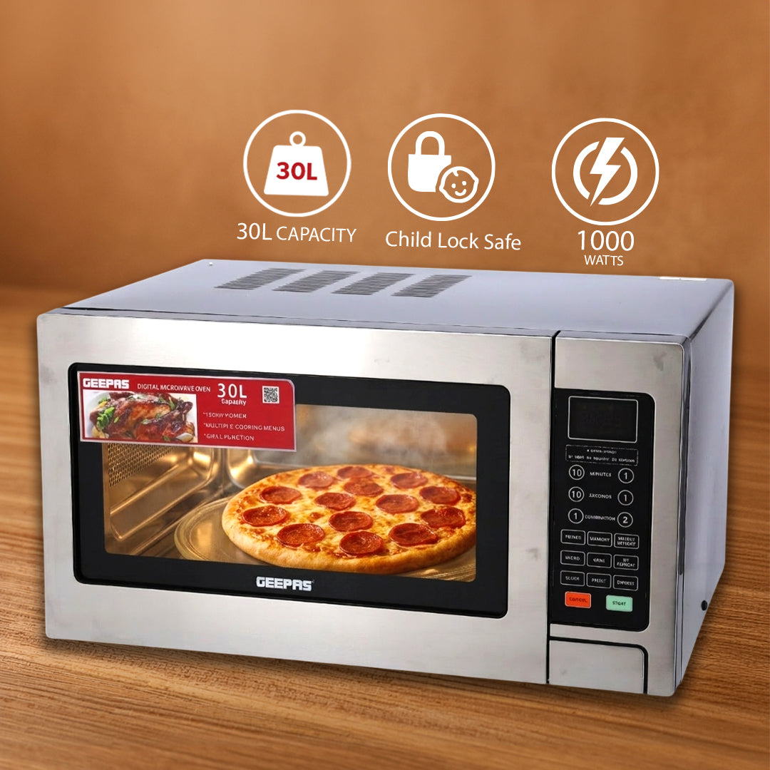 Geepas  Digital Grill Microwave Oven GMO1897 |30L |1000W | Multiple Cooking Menus| Child Safety Lock| Digital Control Panel | Reheating, Defrost & Grill | 1-Year Warranty