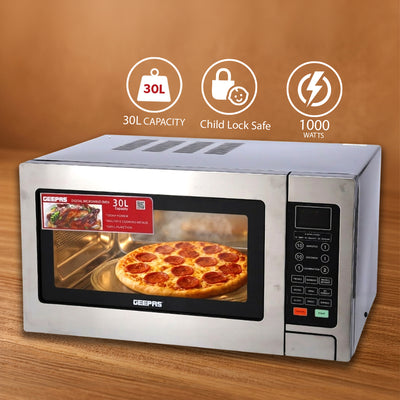 Geepas  Digital Grill Microwave Oven GMO1897 |30L |1000W | Multiple Cooking Menus| Child Safety Lock| Digital Control Panel | Reheating, Defrost & Grill | 1-Year Warranty