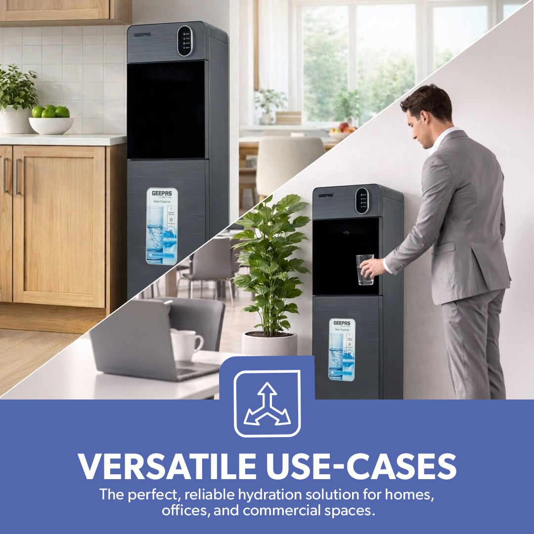 Geepas GWD17037 Bottom Loading Water Dispenser | Hot, Cold & Normal Water Options| Stainless Steel Water Tank| Fast Cooling Compressor System | 3 Tap Convenient Design