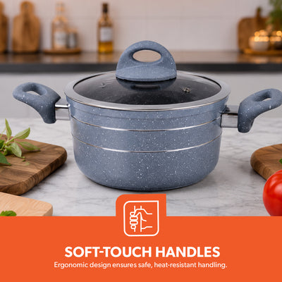 Royalford RF9555 Smart Granite 9 PCS Forged Aluminium Cookware Set with Lids | Durable Design | Marble Coated Interior | 3.8mm Induction Base | Soft Touch Handles