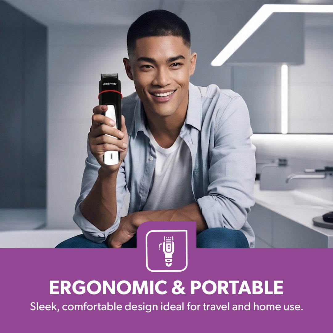 Geepas GTR8128 7-in-1 Grooming Kit with Precision Trimmer | USB & Type-C Charging | 600mAh Li-ion Battery | Multi-Function Beard Hair Trimmer for Men Grooming Use