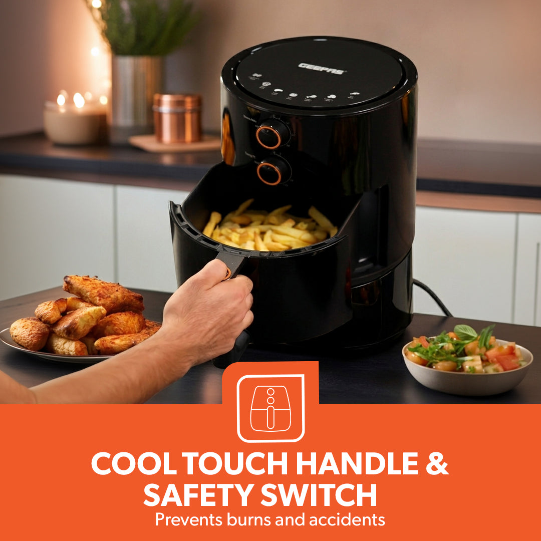 Geepas Air Fryer- GAF37513/ 4.0 L Pot, Non-Stick Coating, with Vortex Frying Technology/ Multiple Function, 1-60 Min Timer, Temperature 80-200 Degree Celsius, Black