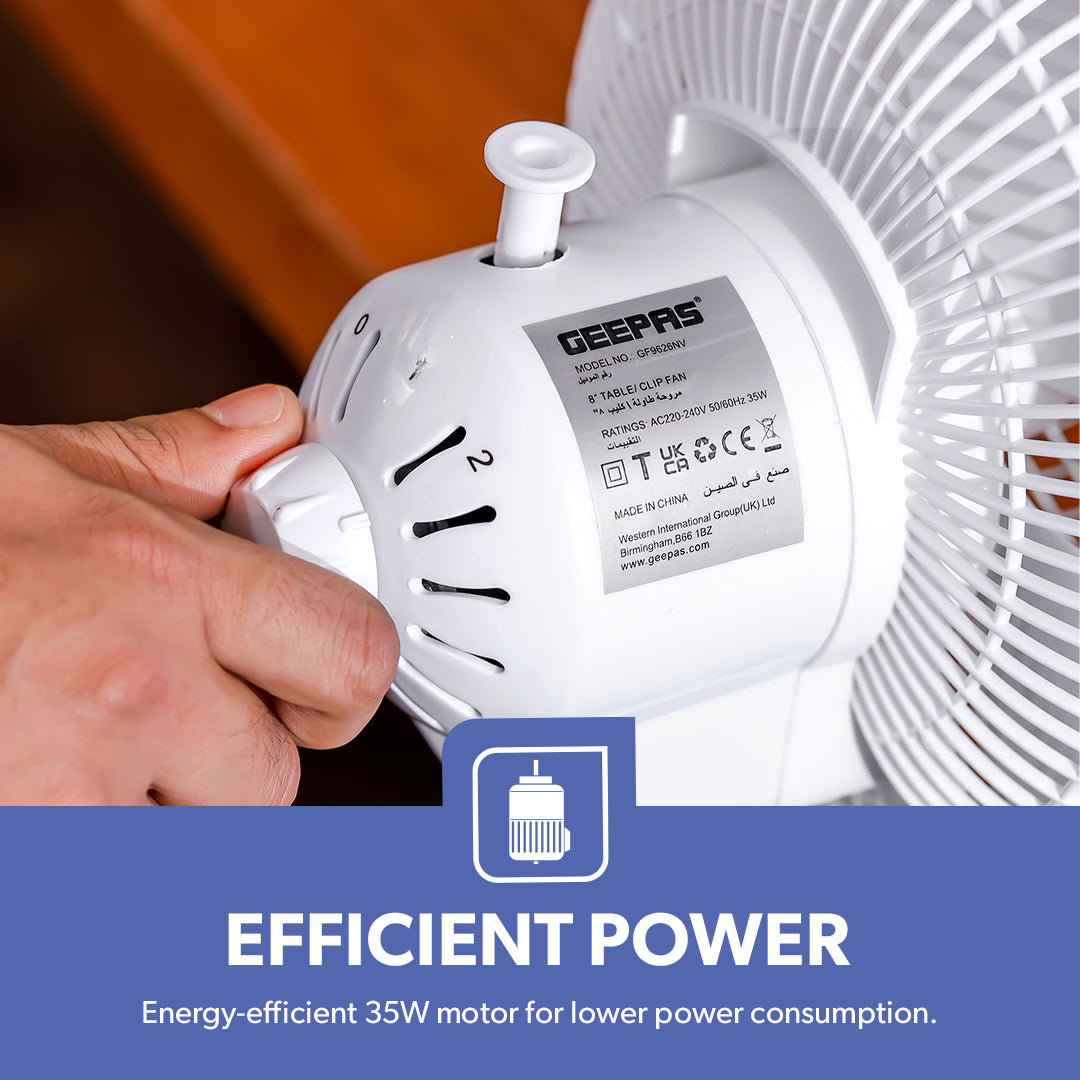 Geepas GF9626 8-Inch 2-in-1 Table & Clip Fan | Super Quiet Copper Motor | 2-Speed Adjustable Control | Wide Oscillation | Compact & Portable Design | 2 Years Warranty