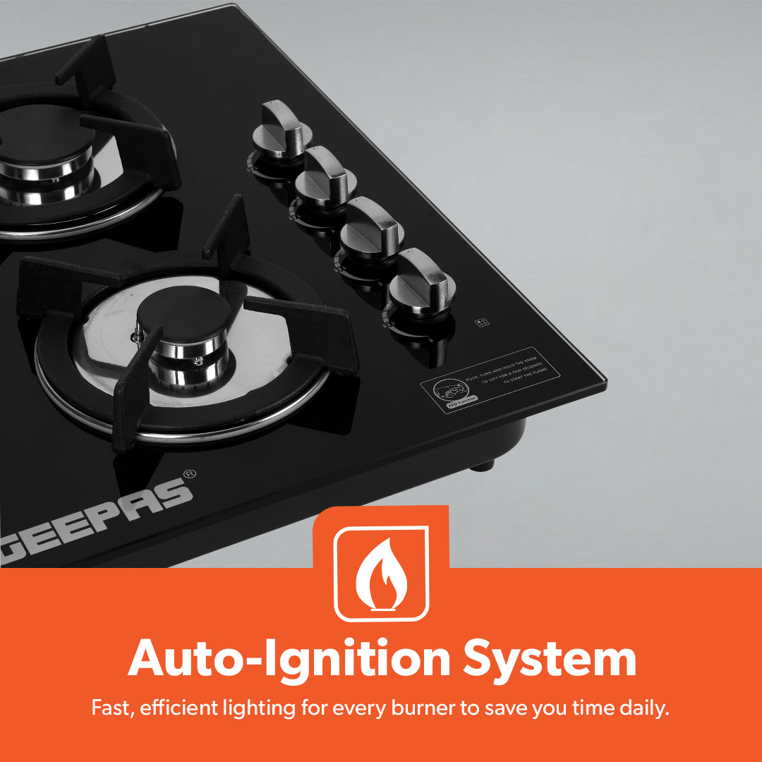 Geepas GGC31050FFD Built-in Glass Gas Hob | 4  Burners | Auto Ignition System | Flame Failure Safety Device (FFD) | Durable Design | Energy Efficient | 2 Years Warranty