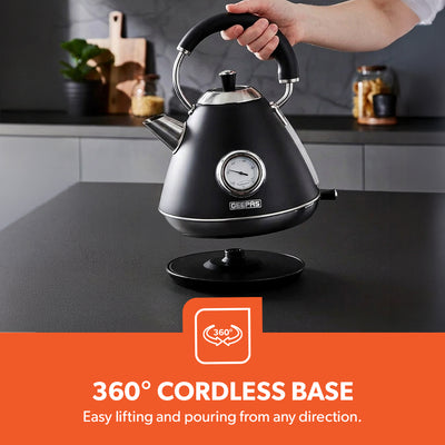 Geepas GK38073UK-BK Stainless Steel Cordless Kettle | Powerful 3000W Heating | 1.7L Large Capacity | Boil Dry Protection | Auto Shut-Off | 360° Rotating Base Design